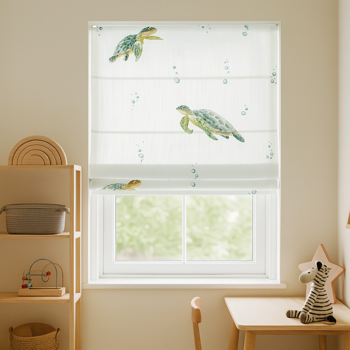 Sea Turtle Roman Blind – Pure Linen Corded Nursery Shade | Custom Size | Light Filtering or 100% Blackout Liner | Recess & Outside Fit | Ocean Theme Kids Blind