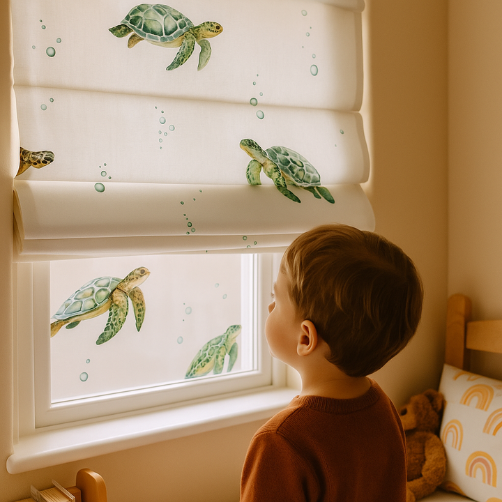 Sea Turtle Roman Blind – Pure Linen Corded Nursery Shade | Custom Size | Light Filtering or 100% Blackout Liner | Recess & Outside Fit | Ocean Theme Kids Blind
