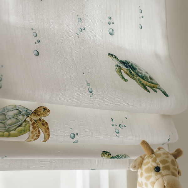 Sea Turtle Roman Blind – Pure Linen Corded Nursery Shade | Custom Size | Light Filtering or 100% Blackout Liner | Recess & Outside Fit | Ocean Theme Kids Blind