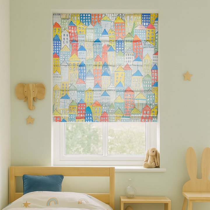 Townhouse Roman Blind – Colourful Pure Linen Corded Shade for Kids & Nursery | Custom Size | Light Filtering or Blackout Lining | Recess & Outside Mount