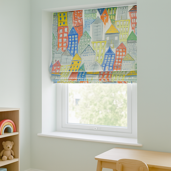 Townhouse Roman Blind – Colourful Pure Linen Corded Shade for Kids & Nursery | Custom Size | Light Filtering or Blackout Lining | Recess & Outside Mount