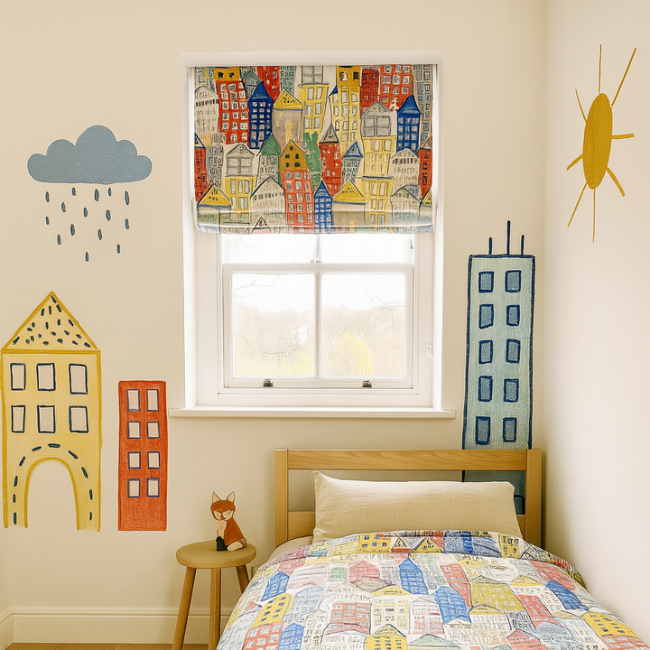 Townhouse Roman Blind – Colourful Pure Linen Corded Shade for Kids & Nursery | Custom Size | Light Filtering or Blackout Lining | Recess & Outside Mount