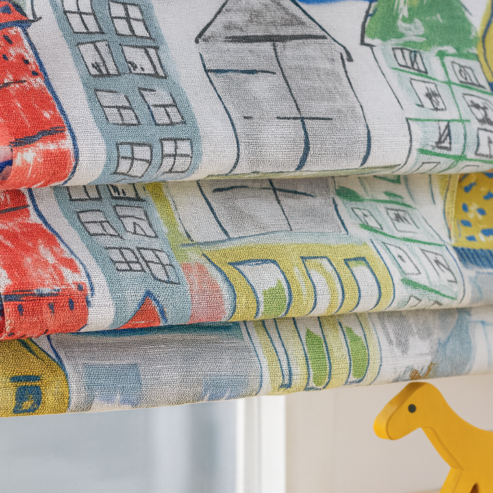 Townhouse Roman Blind – Colourful Pure Linen Corded Shade for Kids & Nursery | Custom Size | Light Filtering or Blackout Lining | Recess & Outside Mount