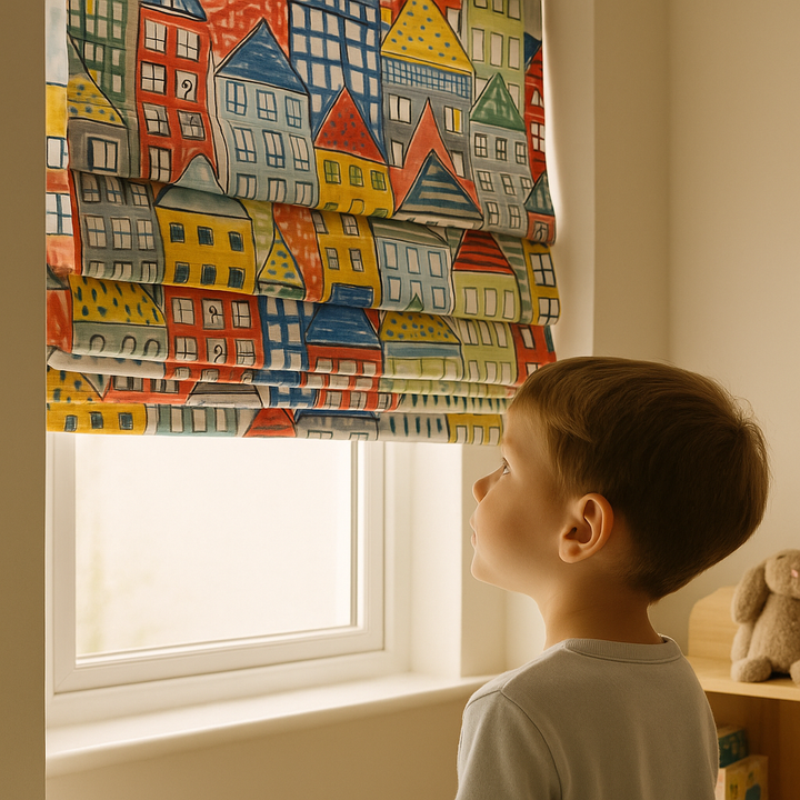 Townhouse Roman Blind – Colourful Pure Linen Corded Shade for Kids & Nursery | Custom Size | Light Filtering or Blackout Lining | Recess & Outside Mount