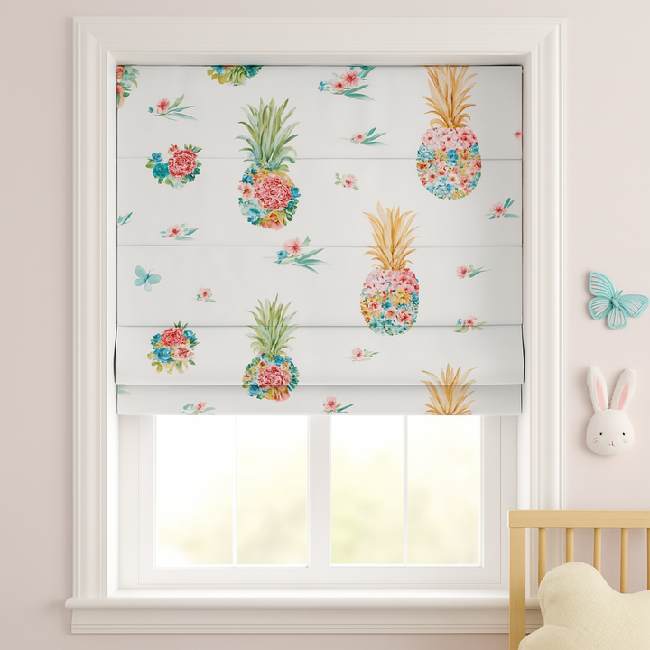 Floral Pineapple Roman Blind – Pure Linen Corded Nursery Shade | Custom Size | Light Filtering or 100% Blackout Lining | Recess or Outside Fit
