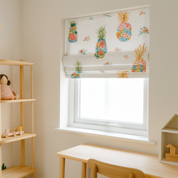 Floral Pineapple Roman Blind – Pure Linen Corded Nursery Shade | Custom Size | Light Filtering or 100% Blackout Lining | Recess or Outside Fit