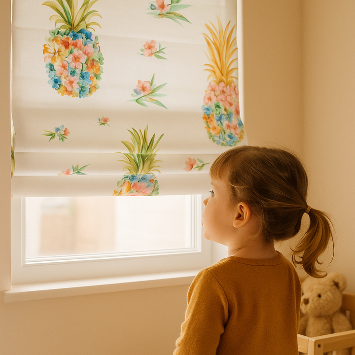 Floral Pineapple Roman Blind – Pure Linen Corded Nursery Shade | Custom Size | Light Filtering or 100% Blackout Lining | Recess or Outside Fit