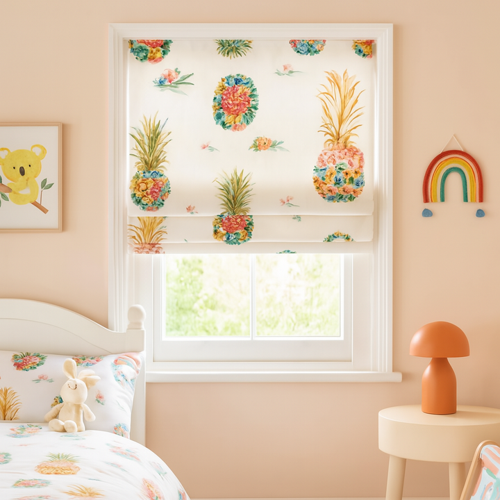 Floral Pineapple Roman Blind – Pure Linen Corded Nursery Shade | Custom Size | Light Filtering or 100% Blackout Lining | Recess or Outside Fit