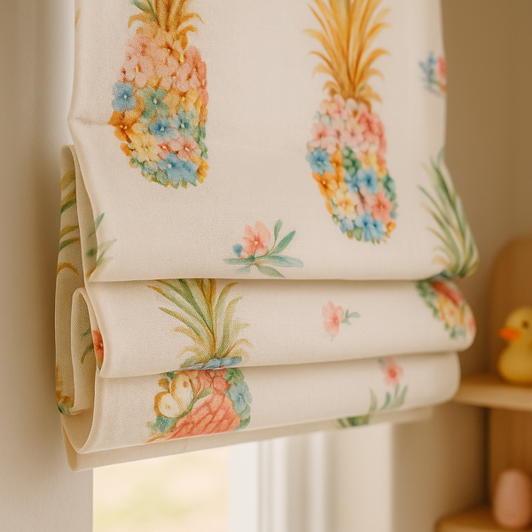 Floral Pineapple Roman Blind – Pure Linen Corded Nursery Shade | Custom Size | Light Filtering or 100% Blackout Lining | Recess or Outside Fit