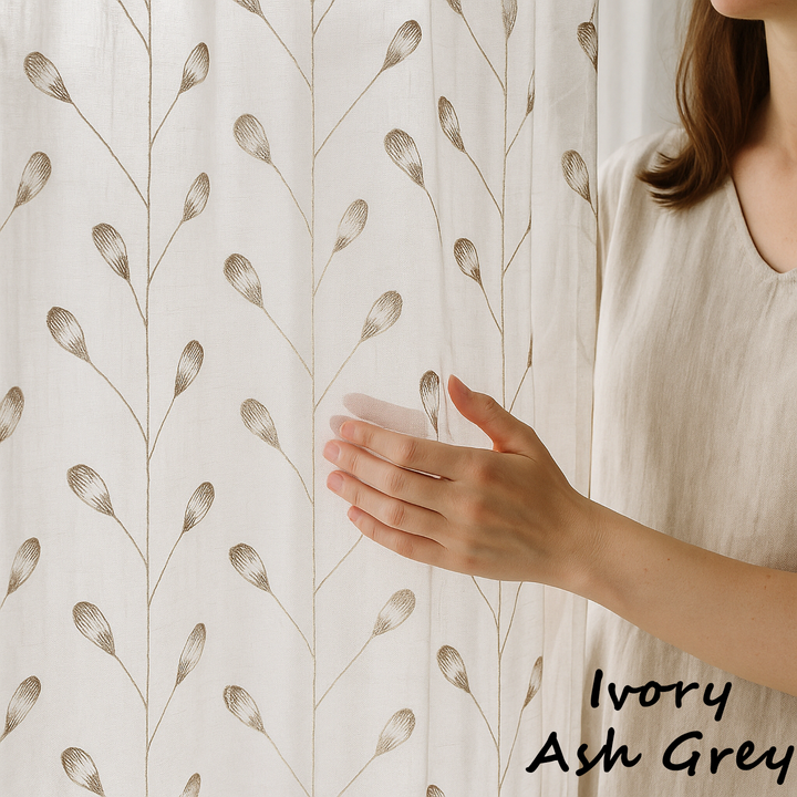 Luxury Linen Privacy Sheer Curtains with Embroidered Leaf Pattern – Custom Sizes – Oeko-Tex Certified – Ivory with Ash Grey, Green, Mist Blue, Black, Blue, Gold Embroidery