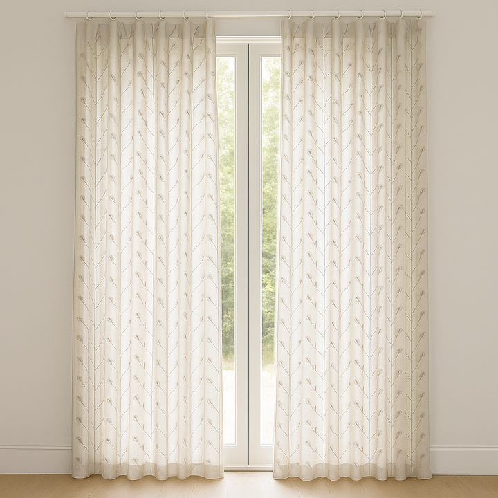 Luxury Linen Privacy Sheer Curtains with Embroidered Leaf Pattern – Custom Sizes – Oeko-Tex Certified – Ivory with Ash Grey, Green, Mist Blue, Black, Blue, Gold Embroidery