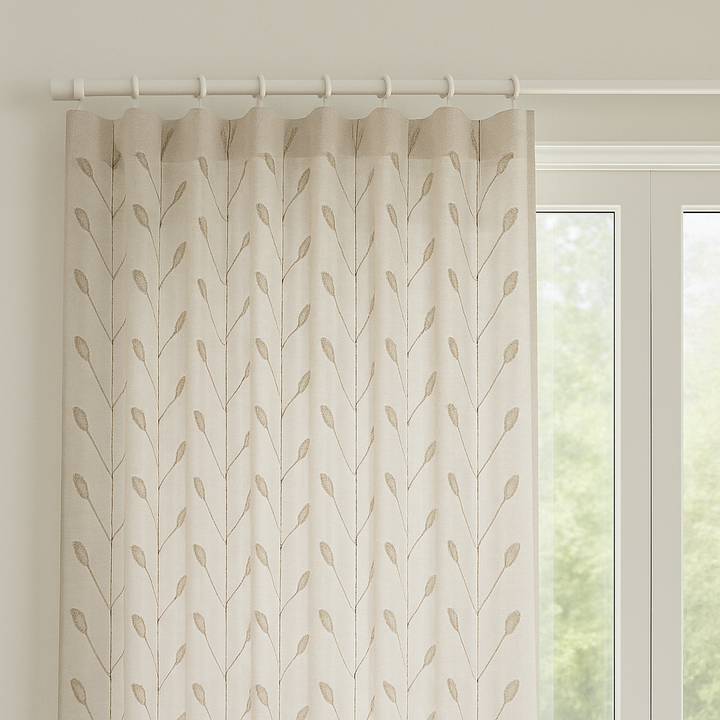 Luxury Linen Privacy Sheer Curtains with Embroidered Leaf Pattern – Custom Sizes – Oeko-Tex Certified – Ivory with Ash Grey, Green, Mist Blue, Black, Blue, Gold Embroidery