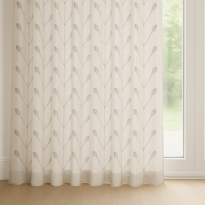 Luxury Linen Privacy Sheer Curtains with Embroidered Leaf Pattern – Custom Sizes – Oeko-Tex Certified – Ivory with Ash Grey, Green, Mist Blue, Black, Blue, Gold Embroidery