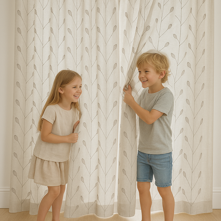 Luxury Linen Privacy Sheer Curtains with Embroidered Leaf Pattern – Custom Sizes – Oeko-Tex Certified – Ivory with Ash Grey, Green, Mist Blue, Black, Blue, Gold Embroidery