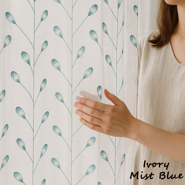 Luxury Linen Privacy Sheer Curtains with Embroidered Leaf Pattern – Custom Sizes – Oeko-Tex Certified – Ivory with Ash Grey, Green, Mist Blue, Black, Blue, Gold Embroidery