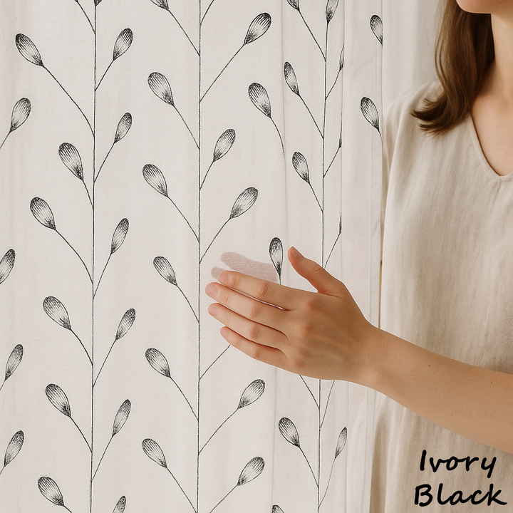 Luxury Linen Privacy Sheer Curtains with Embroidered Leaf Pattern – Custom Sizes – Oeko-Tex Certified – Ivory with Ash Grey, Green, Mist Blue, Black, Blue, Gold Embroidery