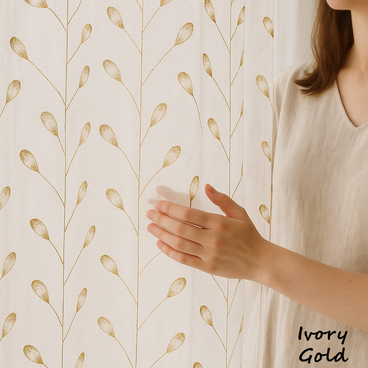 Luxury Linen Privacy Sheer Curtains with Embroidered Leaf Pattern – Custom Sizes – Oeko-Tex Certified – Ivory with Ash Grey, Green, Mist Blue, Black, Blue, Gold Embroidery