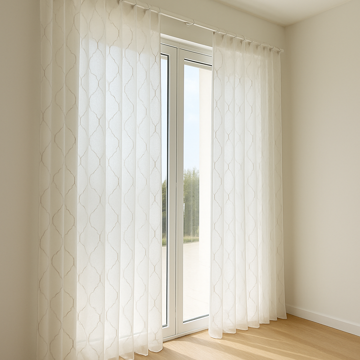 Elegant Sheer Privacy Curtain – Soft Linen Look, Embroidered Trellis Design – Custom Sizes, 4 Heading Styles – OEKO-TEX Certified