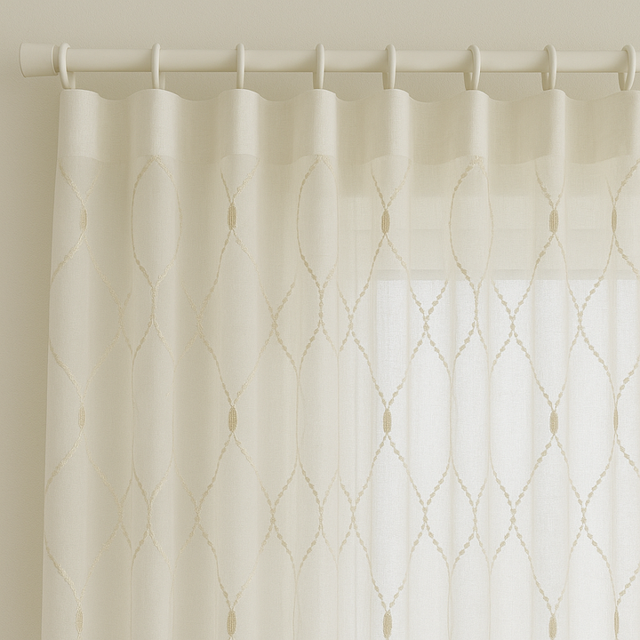 Elegant Sheer Privacy Curtain – Soft Linen Look, Embroidered Trellis Design – Custom Sizes, 4 Heading Styles – OEKO-TEX Certified