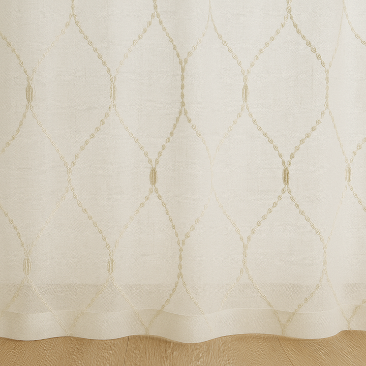 Elegant Sheer Privacy Curtain – Soft Linen Look, Embroidered Trellis Design – Custom Sizes, 4 Heading Styles – OEKO-TEX Certified