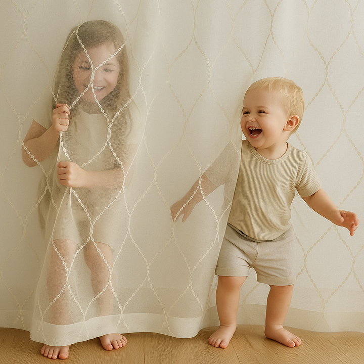 Elegant Sheer Privacy Curtain – Soft Linen Look, Embroidered Trellis Design – Custom Sizes, 4 Heading Styles – OEKO-TEX Certified