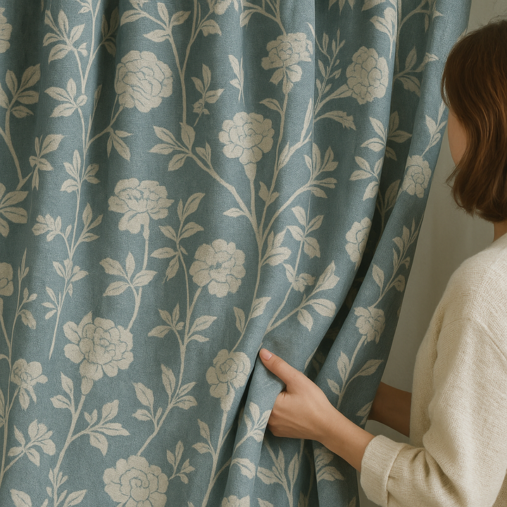 Pure Linen Floral Jacquard Curtains – Blackout & Light-Filtering Options – Custom Sizes – Rod & Track Compatible