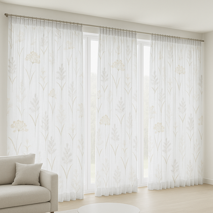 Embroidered Pure Linen Sheer Curtains – Botanical Design – Light Filtering – 4 Colour Variants – Custom Sizes