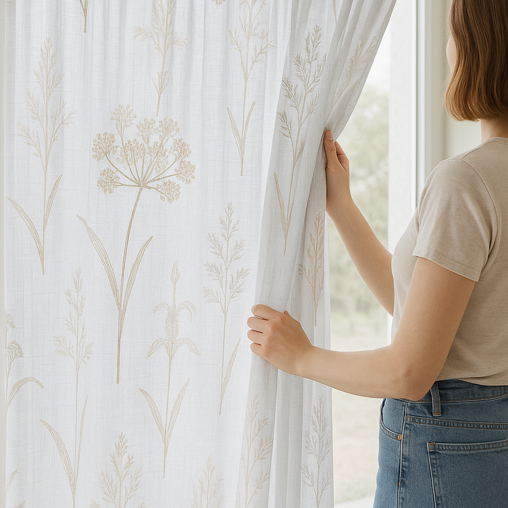 Embroidered Pure Linen Sheer Curtains – Botanical Design – Light Filtering – 4 Colour Variants – Custom Sizes
