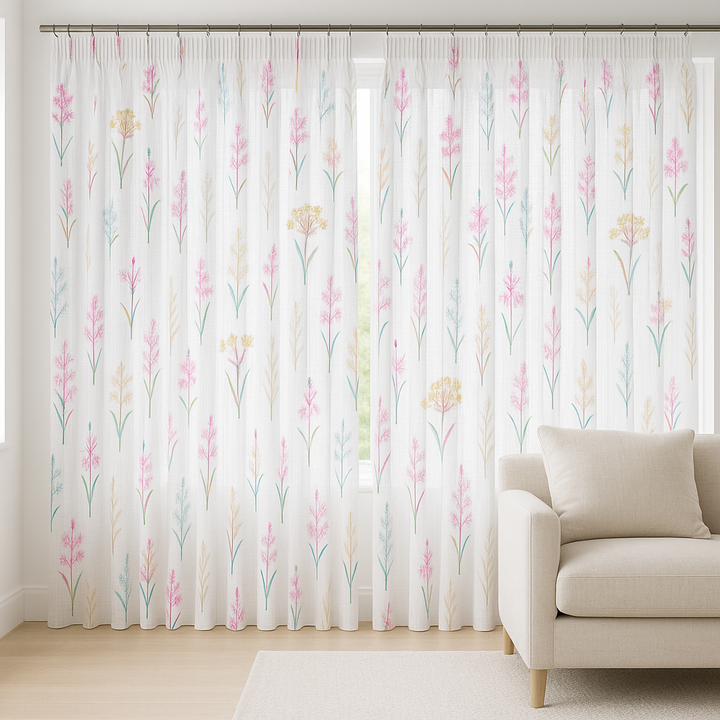 Embroidered Pure Linen Sheer Curtains – Botanical Design – Light Filtering – 4 Colour Variants – Custom Sizes