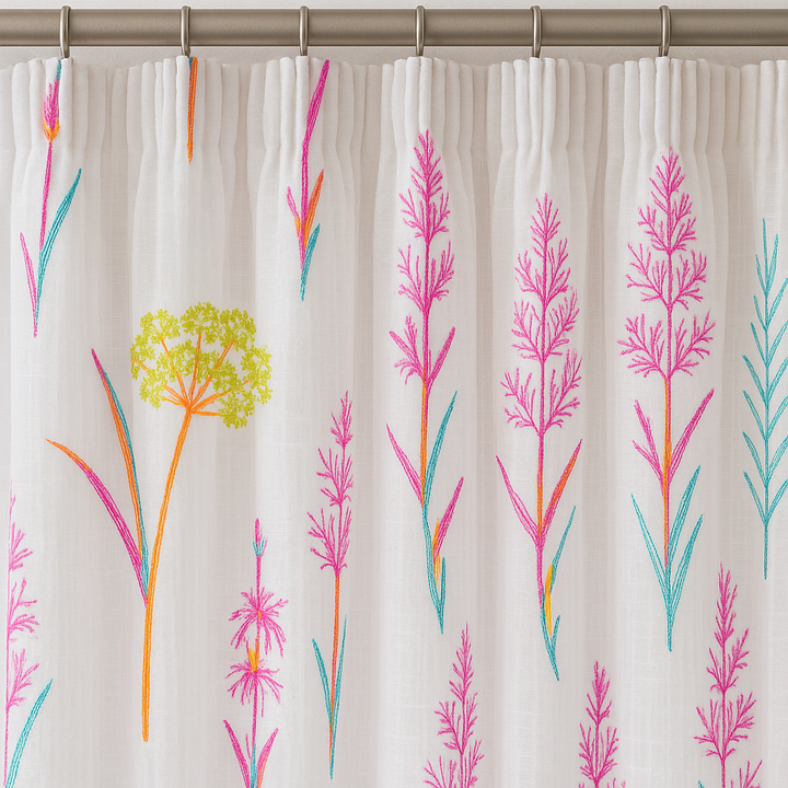 Embroidered Pure Linen Sheer Curtains – Botanical Design – Light Filtering – 4 Colour Variants – Custom Sizes