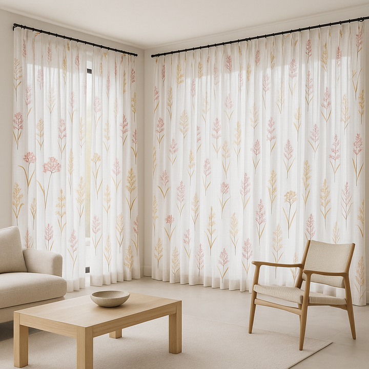 Embroidered Pure Linen Sheer Curtains – Botanical Design – Light Filtering – 4 Colour Variants – Custom Sizes