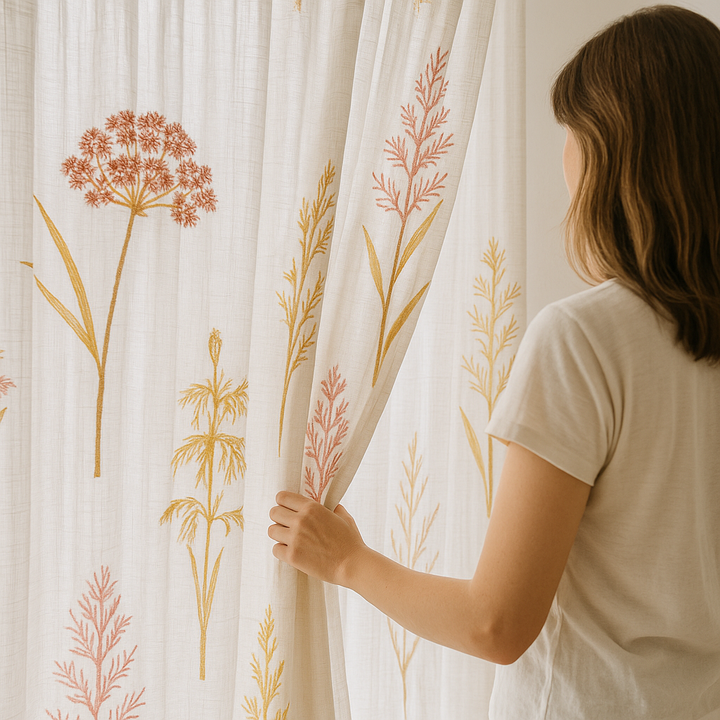 Embroidered Pure Linen Sheer Curtains – Botanical Design – Light Filtering – 4 Colour Variants – Custom Sizes