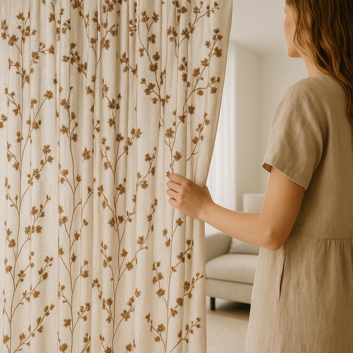 Embroidered Linen Sheer Curtains – Light Filtering – Blue, Red, Pink & Gold – Custom Sizes – Rod or Track Compatible