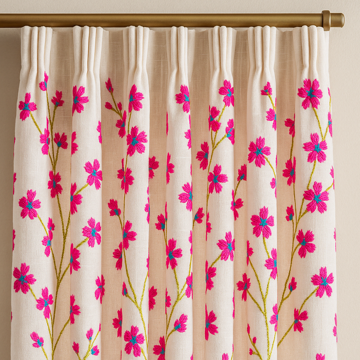 Embroidered Linen Sheer Curtains – Light Filtering – Blue, Red, Pink & Gold – Custom Sizes – Rod or Track Compatible