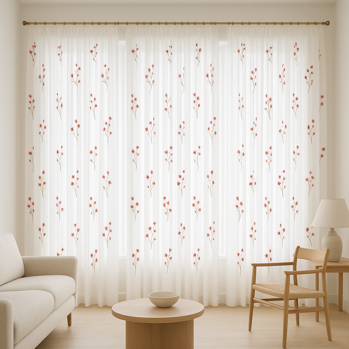 Embroidered Linen Sheer Curtains – Light Filtering – Blue, Red, Pink & Gold – Custom Sizes – Rod or Track Compatible