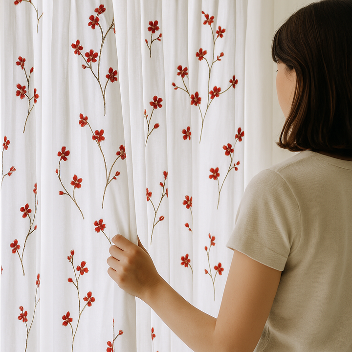 Embroidered Linen Sheer Curtains – Light Filtering – Blue, Red, Pink & Gold – Custom Sizes – Rod or Track Compatible