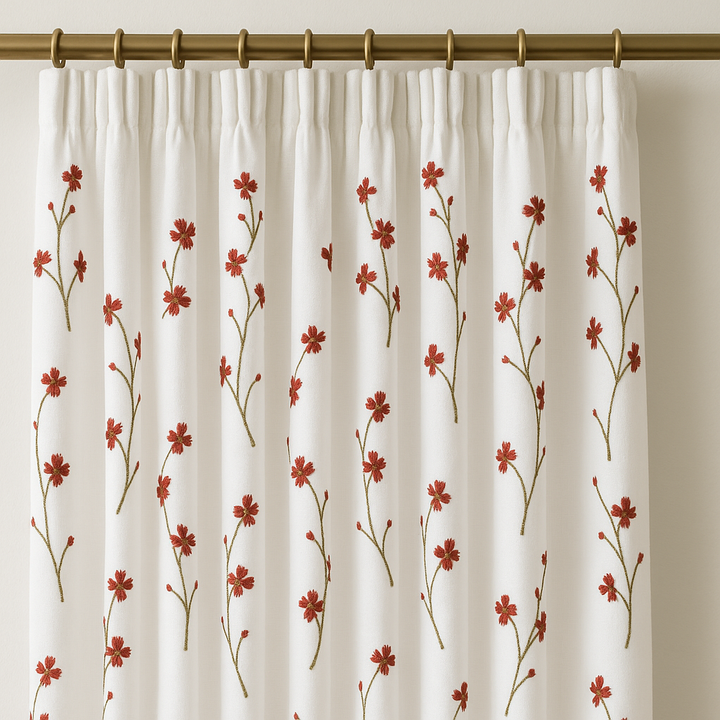 Embroidered Linen Sheer Curtains – Light Filtering – Blue, Red, Pink & Gold – Custom Sizes – Rod or Track Compatible