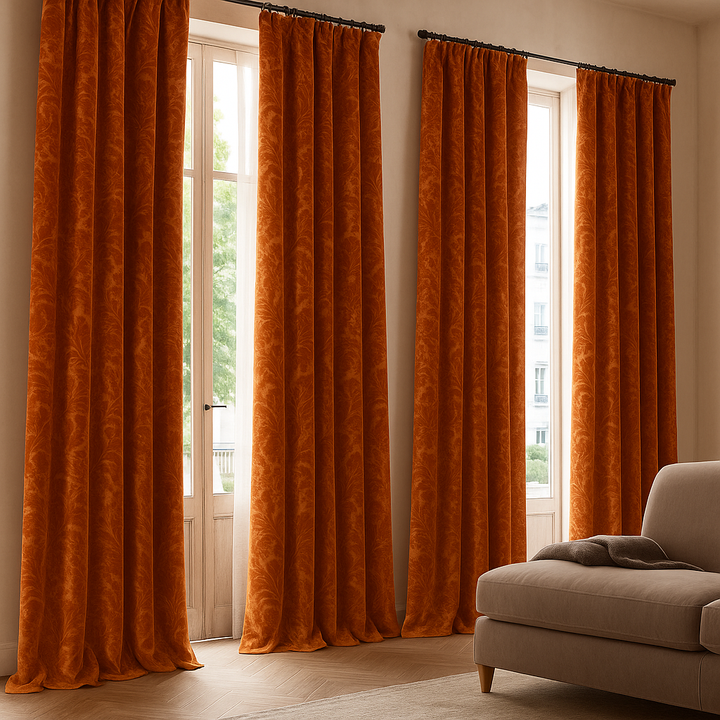 Luxury Velvet Jacquard Curtains with Raised Floral & Leaf Pattern – Light Filtering or Blackout – Custom Sizes – 8 Colours
