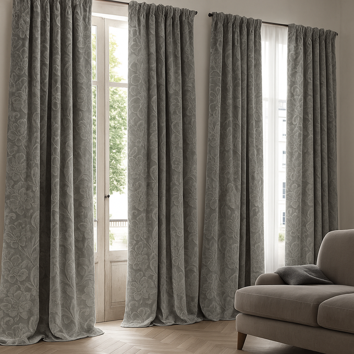 Luxury Velvet Jacquard Curtains with Raised Floral & Leaf Pattern – Light Filtering or Blackout – Custom Sizes – 8 Colours
