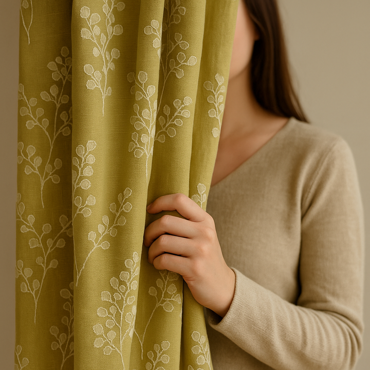 Linen Jacquard Curtains with Leafy Vine Pattern – Custom Sizes – 9 Colour Variants – Light Filtering or Blackout Lining – 4 Heading Styles