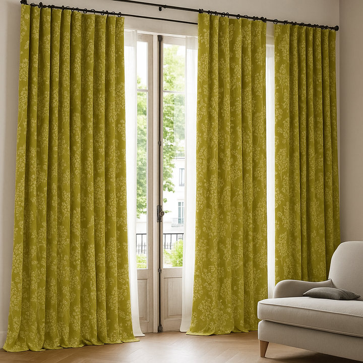 Linen Jacquard Curtains with Leafy Vine Pattern – Custom Sizes – 9 Colour Variants – Light Filtering or Blackout Lining – 4 Heading Styles