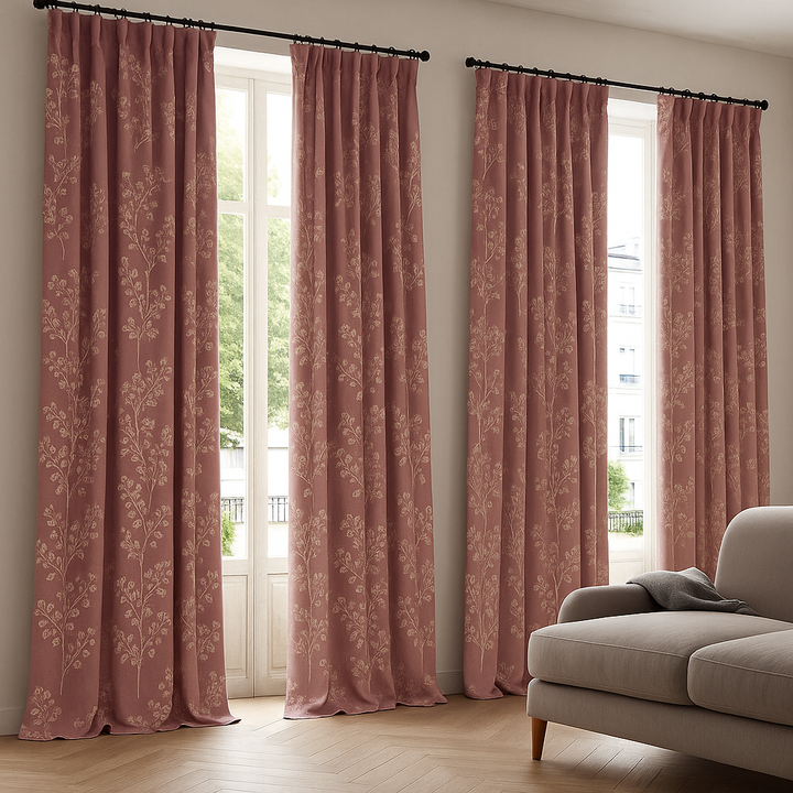Linen Jacquard Curtains with Leafy Vine Pattern – Custom Sizes – 9 Colour Variants – Light Filtering or Blackout Lining – 4 Heading Styles