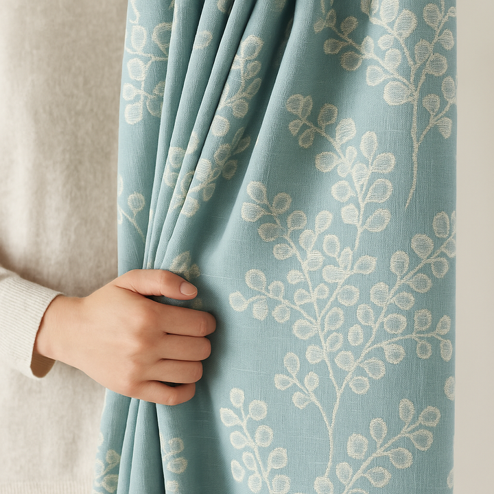 Linen Jacquard Curtains with Leafy Vine Pattern – Custom Sizes – 9 Colour Variants – Light Filtering or Blackout Lining – 4 Heading Styles