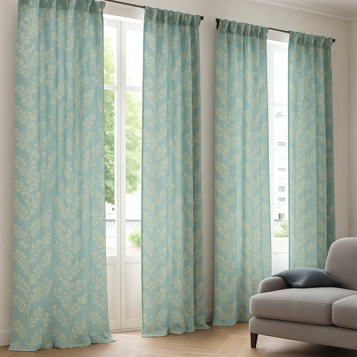 Linen Jacquard Curtains with Leafy Vine Pattern – Custom Sizes – 9 Colour Variants – Light Filtering or Blackout Lining – 4 Heading Styles