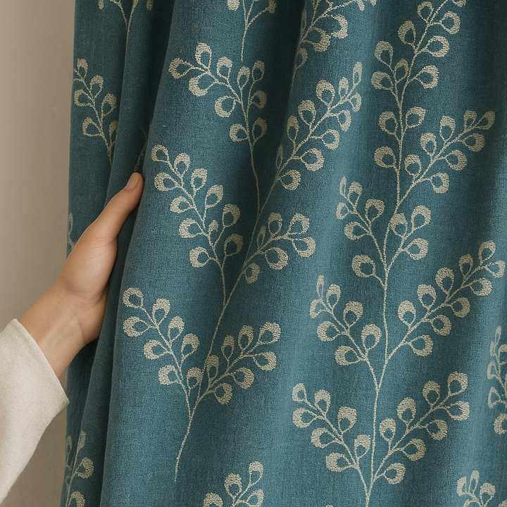 Linen Jacquard Curtains with Leafy Vine Pattern – Custom Sizes – 9 Colour Variants – Light Filtering or Blackout Lining – 4 Heading Styles