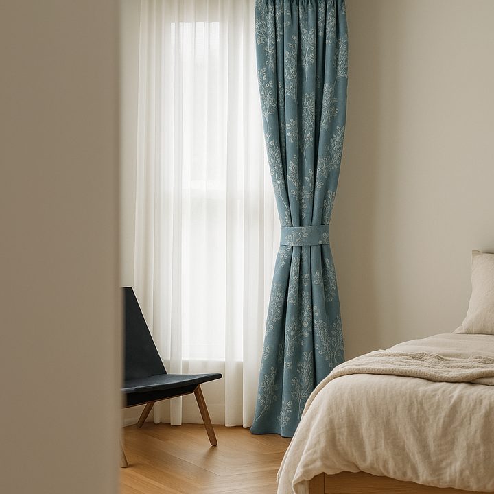Linen Jacquard Curtains with Leafy Vine Pattern – Custom Sizes – 9 Colour Variants – Light Filtering or Blackout Lining – 4 Heading Styles