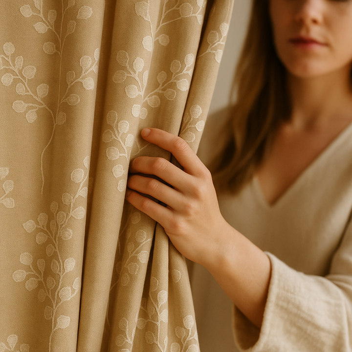 Linen Jacquard Curtains with Leafy Vine Pattern – Custom Sizes – 9 Colour Variants – Light Filtering or Blackout Lining – 4 Heading Styles