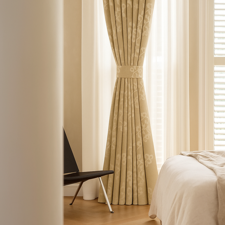 Linen Jacquard Curtains with Leafy Vine Pattern – Custom Sizes – 9 Colour Variants – Light Filtering or Blackout Lining – 4 Heading Styles