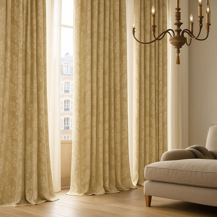 Linen Jacquard Curtains with Leafy Vine Pattern – Custom Sizes – 9 Colour Variants – Light Filtering or Blackout Lining – 4 Heading Styles