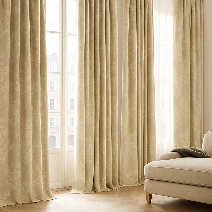 Linen Jacquard Curtains with Leafy Vine Pattern – Custom Sizes – 9 Colour Variants – Light Filtering or Blackout Lining – 4 Heading Styles